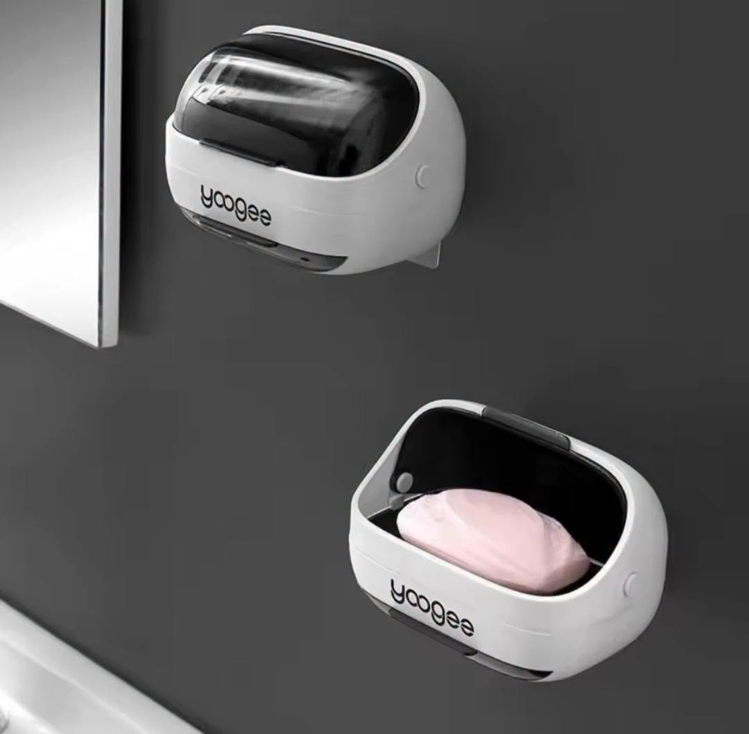 Mounted Soap Holder with Lid & Drain Tray – Self-Adhesive Bathroom Organizer