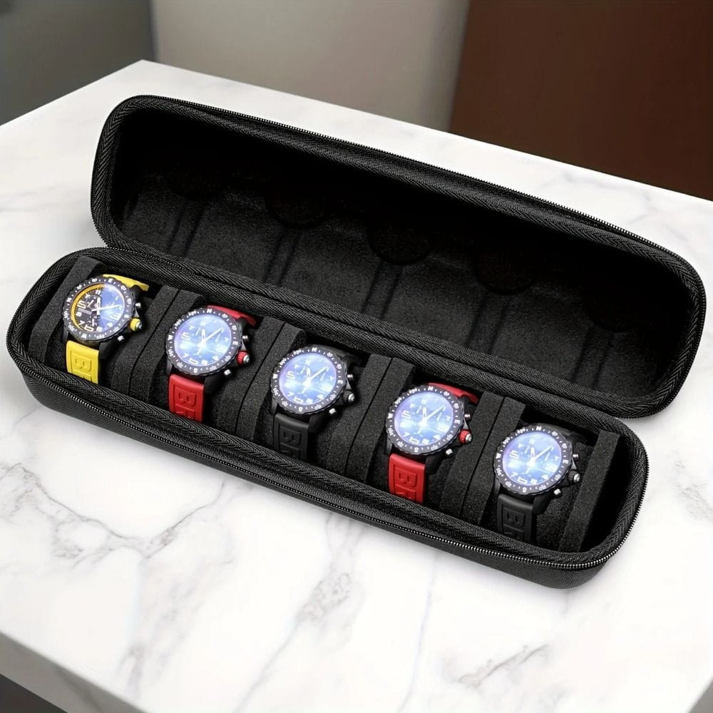 5-Slot Watch Travel Box – Hard Shell Organizer with Soft Pillow & Handle for Men & Women