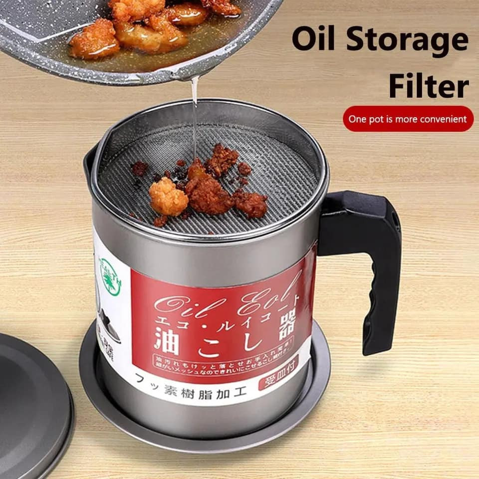 Oil Filter Pot – Stainless Steel Grease Storage with Strainer & Lid | 1.4L Capacity