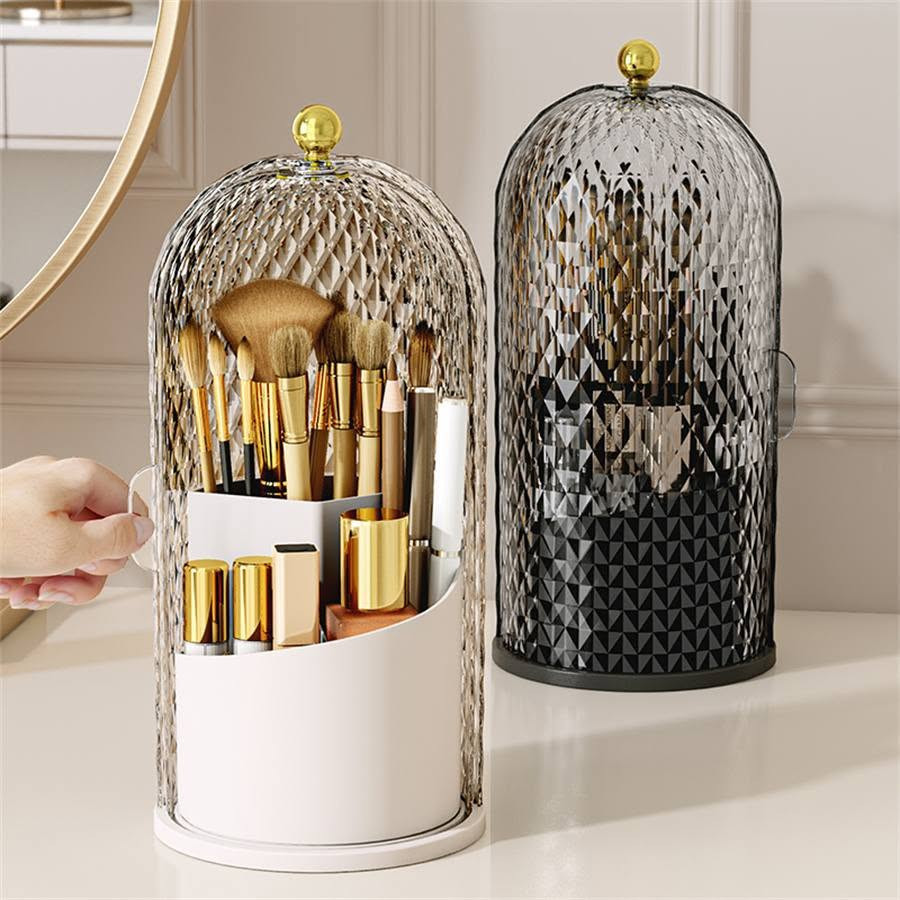 360° Rotating Diamond Pattern Makeup Brush Holder – Premium Dustproof Beauty Organizer