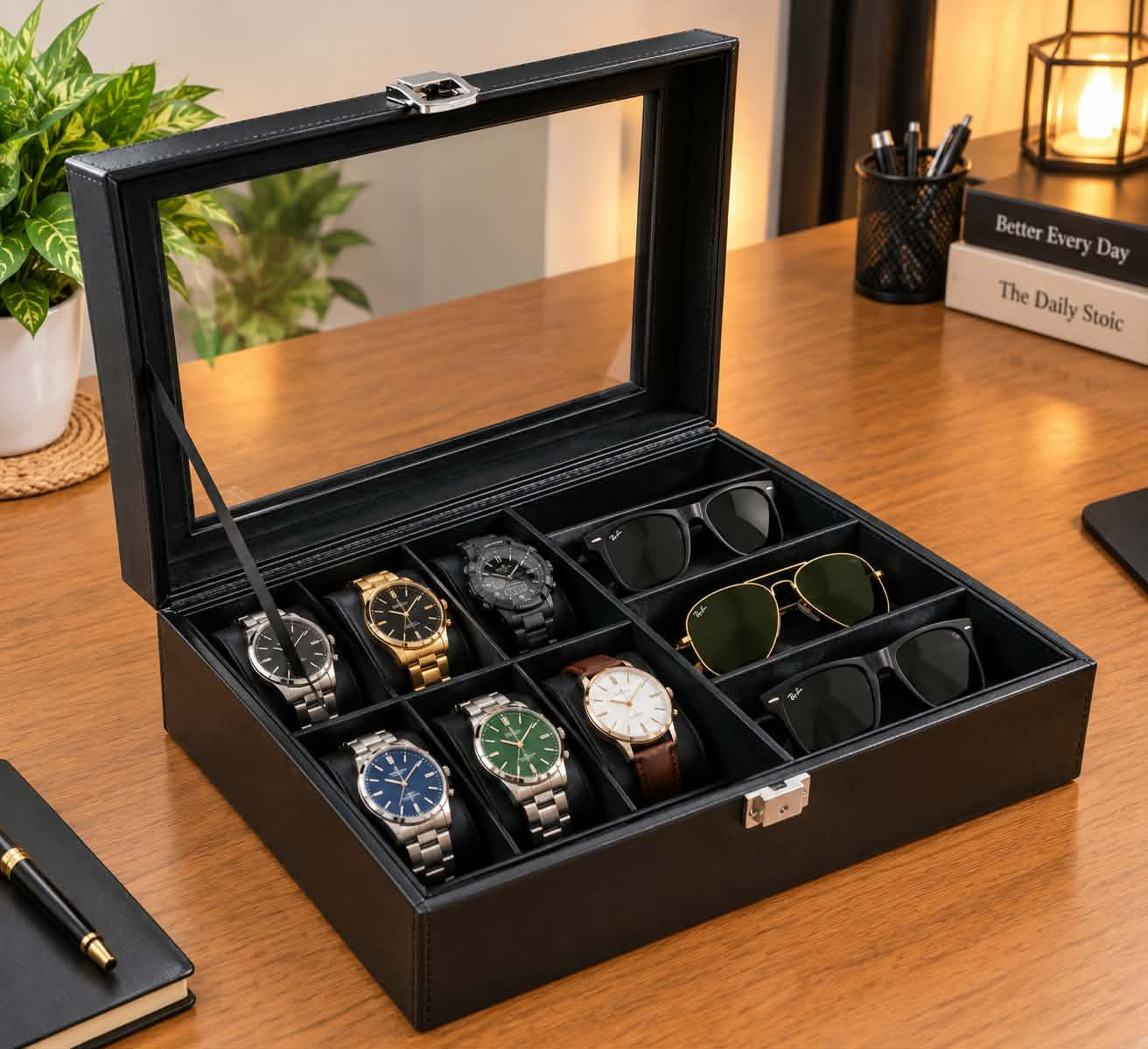 Luxury Watch & Sunglasses Organizer Box – 6 Watch & 3 Sunglasses Storage
