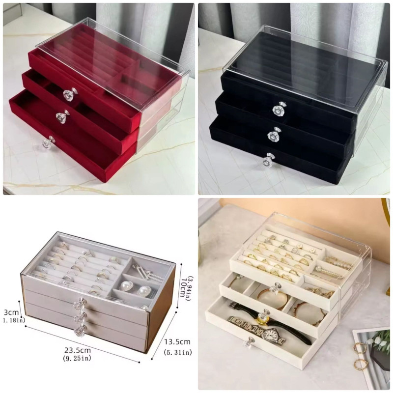 3 Layer Acrylic Velvet Jewelry Organizer Box with Ring Holder