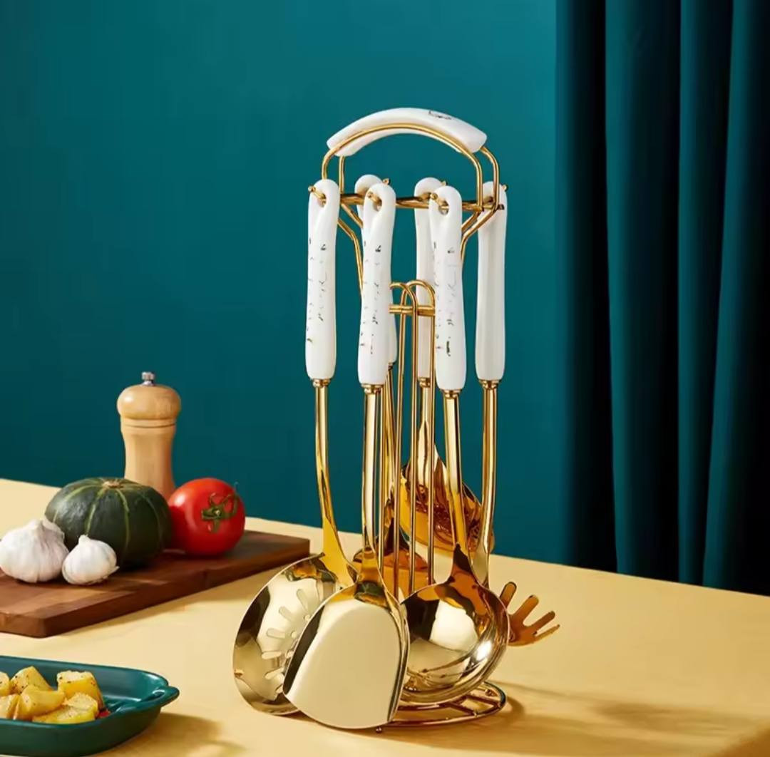7-Piece Stainless Steel Gold Plated Kitchen Utensil Set with Ceramic Handle – Premium Cooking Tool Set