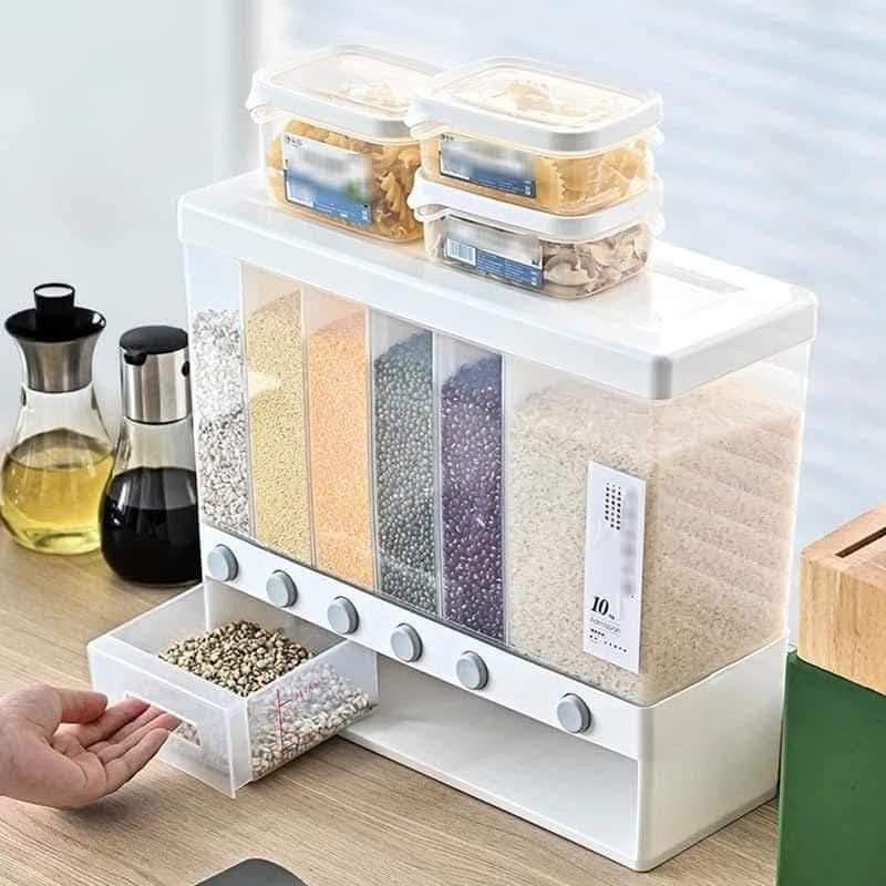 6-Grid Dry Food Dispenser Box – 10KG Rice & Grain Storage Organizer