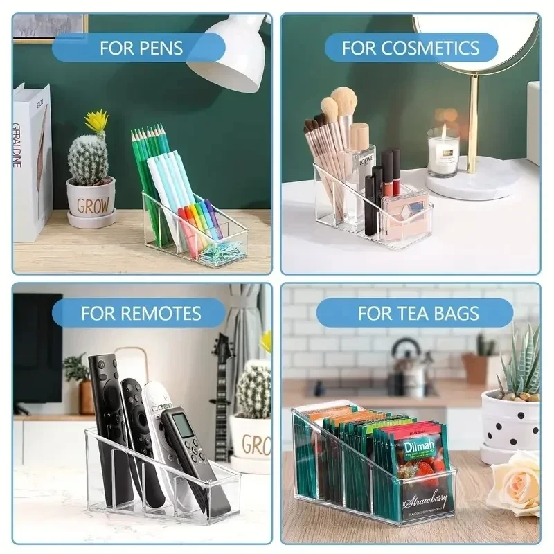 4 Compartment Clear Remote & Cosmetics Multi Organizer – Transparent PET Storage Box