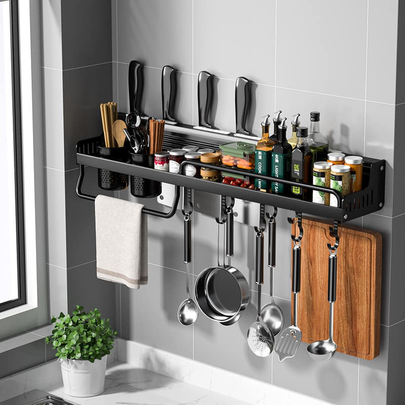 Wall-Mounted Multifunctional Kitchen Storage Shelf with Spice Rack & Hooks