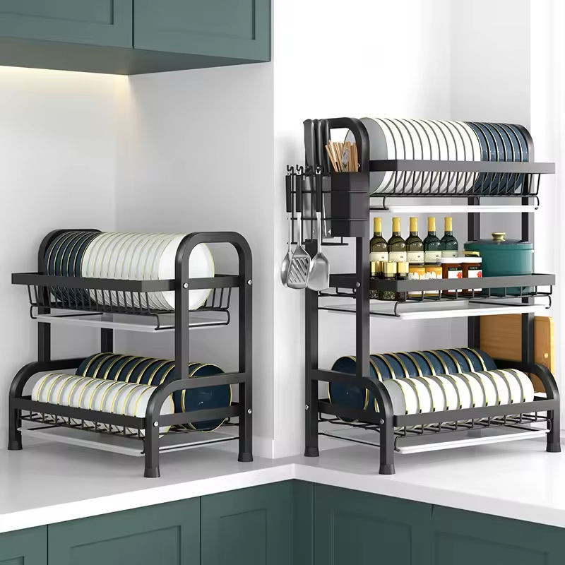 2-Tier / 3-Tier Steel Kitchen Dish Drainer Organizer with Drainage System