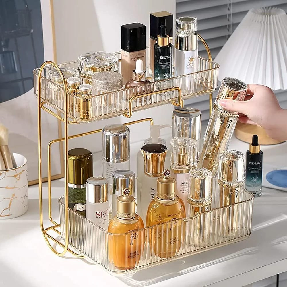Premium 2-Tier Cosmetic & Skincare Organizer Rack with Gold Metal Frame