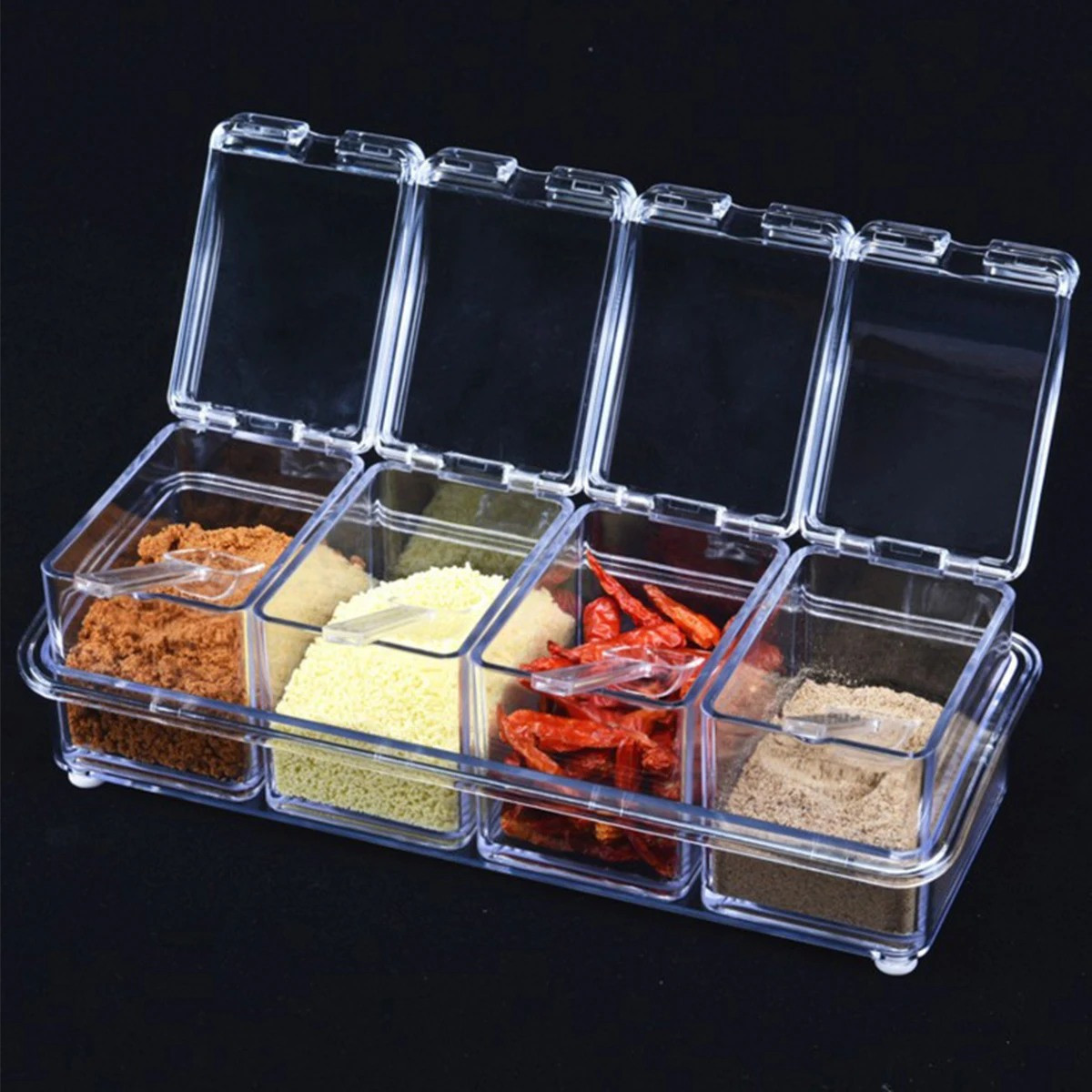 4 Grid Acrylic Seasoning Box – Compact Kitchen Spice & Masala Organizer