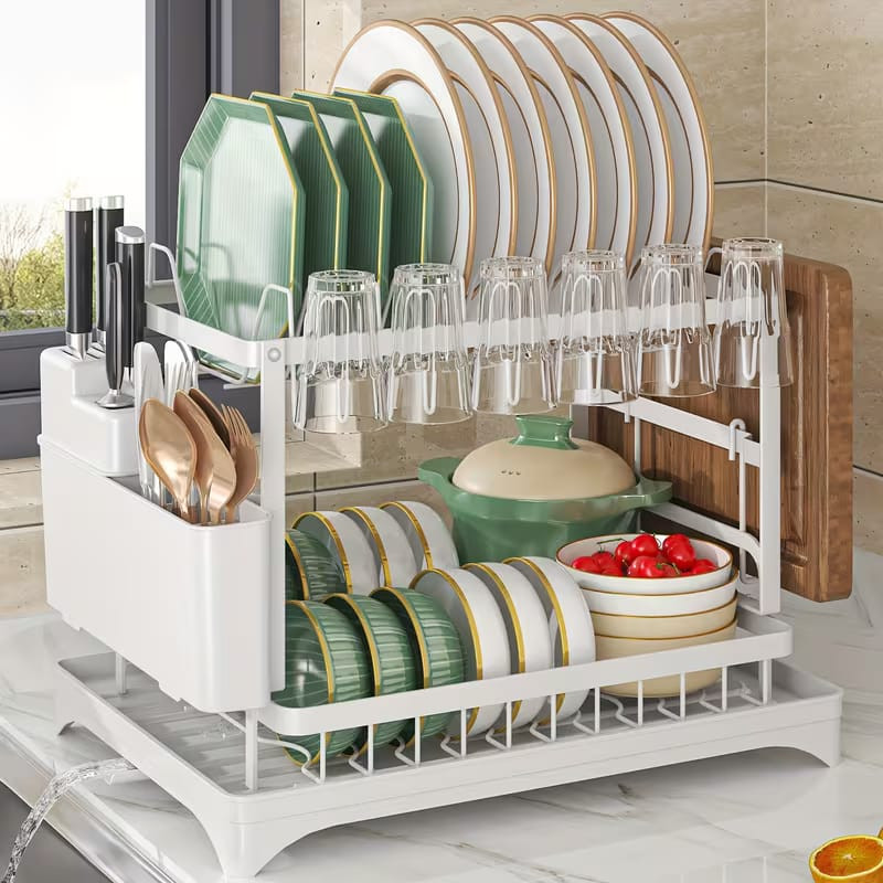 Premium Quality Multifunctional 2-Tier Stainless Steel Dish Drying Rack with Drainboard
