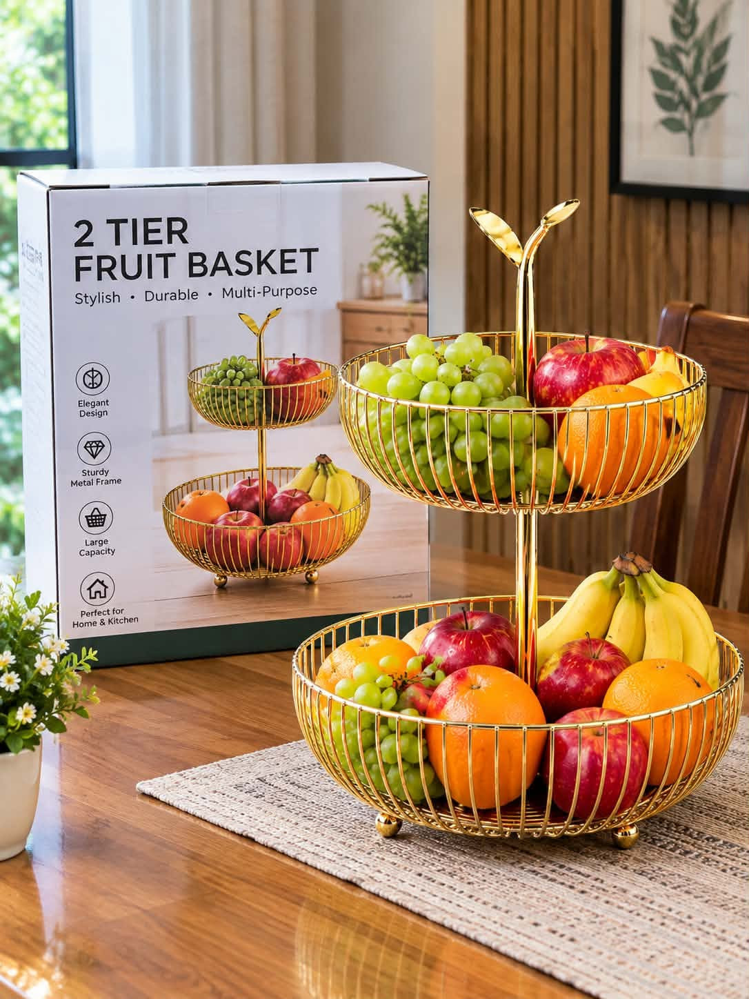 2 Tier Fruit Basket – Premium Gold Finish Multi Layer Fruit Organizer