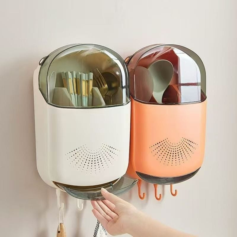 Wall-Mounted Cutlery Organizer with Dust-Proof Cover – Kitchen Utensil Storage Box
