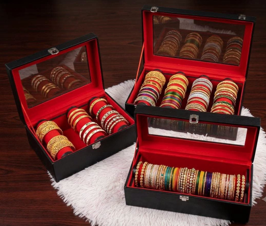 Premium PU Leather Bangle Organizer Box with Glass Lid