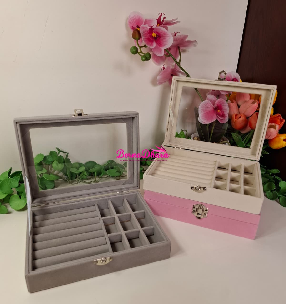 Premium Velvet Jewelry Organizer Box with Glass Lid – Ring & Earring Display Case