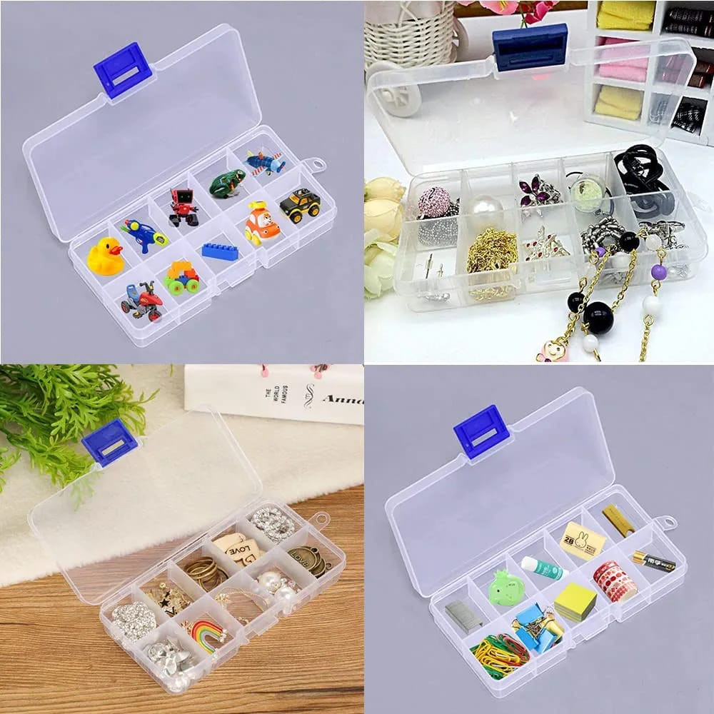 Clear 10-Grid Jewelry & Craft Organizer Box with Removable Dividers