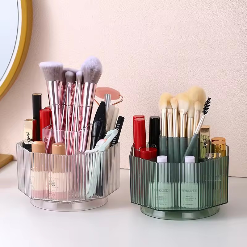 360° Rotating Acrylic Makeup Brush Organizer – 5 Compartment Cosmetic & Brush Holder