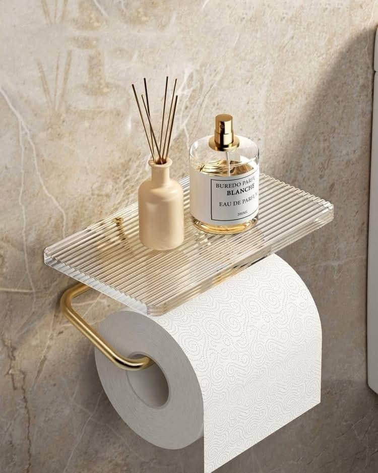 Luxury Gold Toilet Paper Holder with Shelf – Premium Acrylic & Space Aluminum Bathroom Organizer
