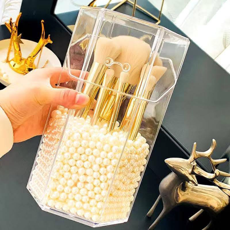 Acrylic Transparent Makeup Brush Holder with Pearl – Hexagonal Luxury Organizer